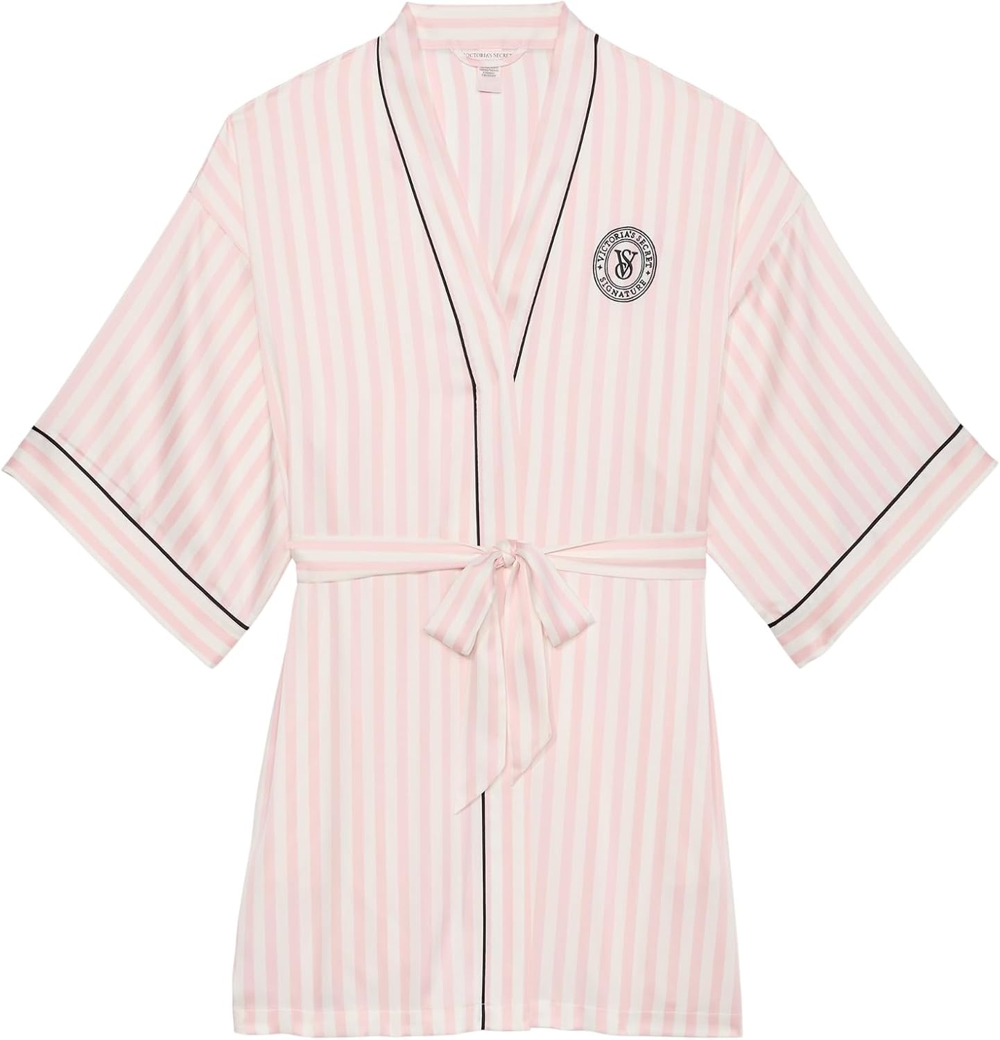 image:imageVictorias Secret Short Satin Piped Robe for Women XSXXLPink Iconic Stripe