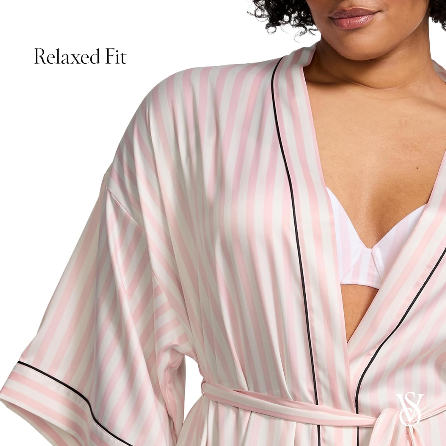 image:imageVictorias Secret Short Satin Piped Robe for Women XSXXLPink Iconic Stripe
