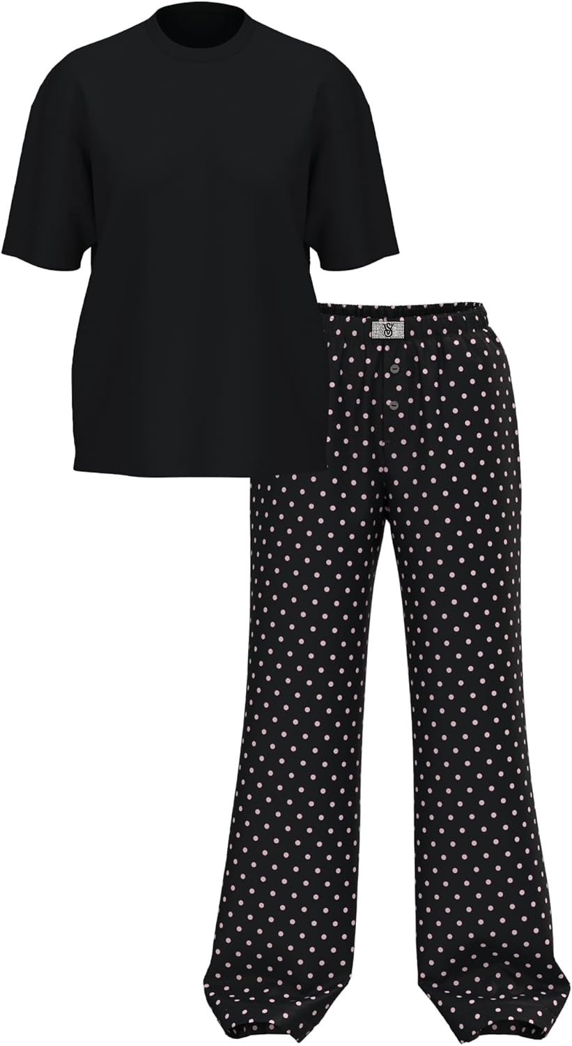 image:imageVictorias Secret Tee Pajama Set Short Sleeve Cotton T Shirt and Flannel Pants Sleepwear for Women XSXXLBlack Dot