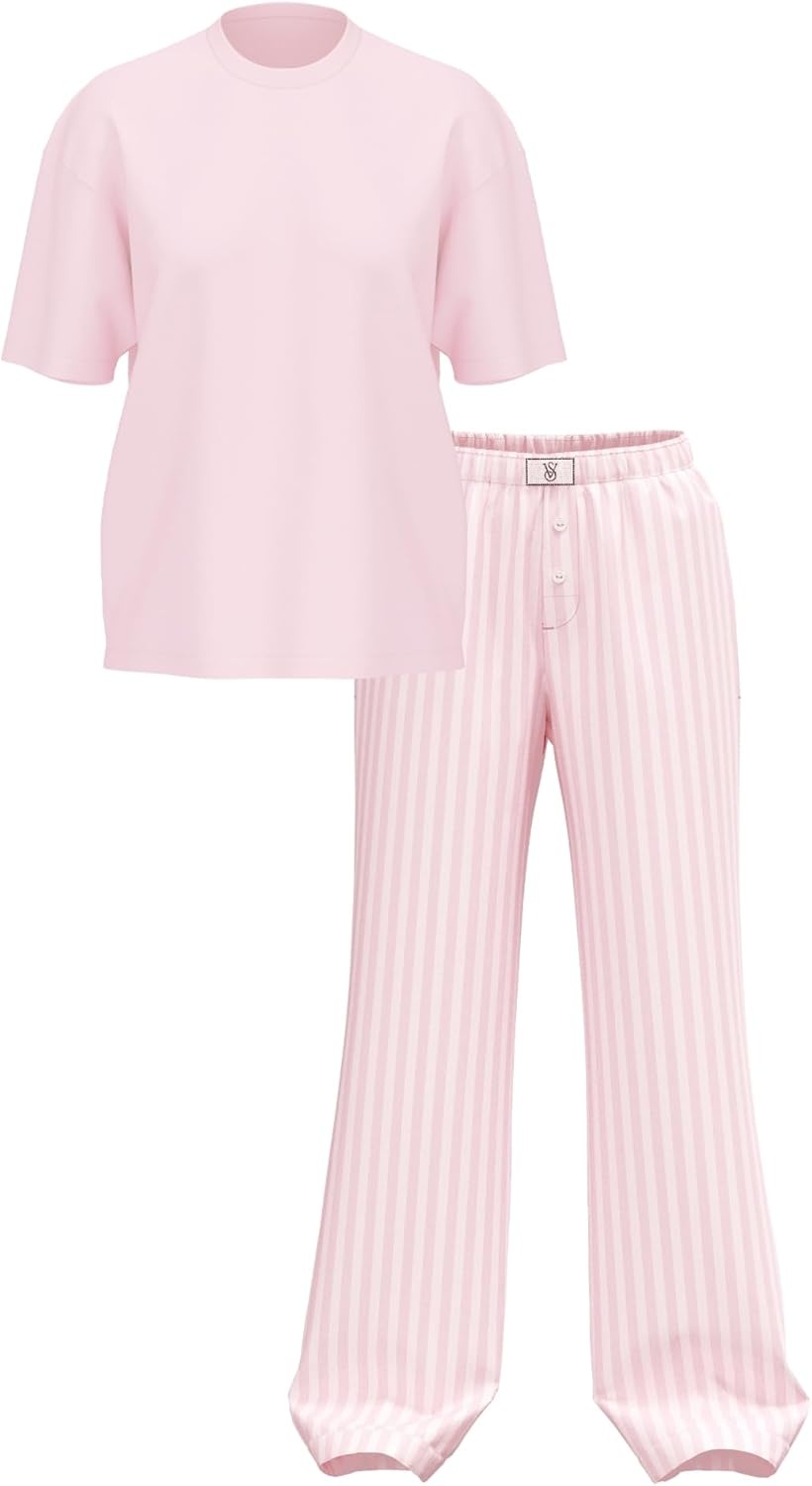 image:imageVictorias Secret Tee Pajama Set Short Sleeve Cotton T Shirt and Flannel Pants Sleepwear for Women XSXXLPretty Blossom