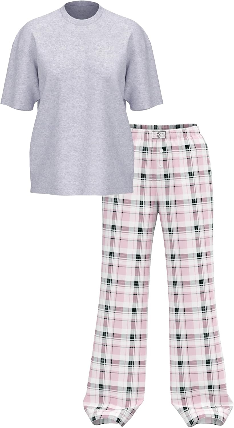 image:imageVictorias Secret Tee Pajama Set Short Sleeve Cotton T Shirt and Flannel Pants Sleepwear for Women XSXXLVs Med Htr Grey