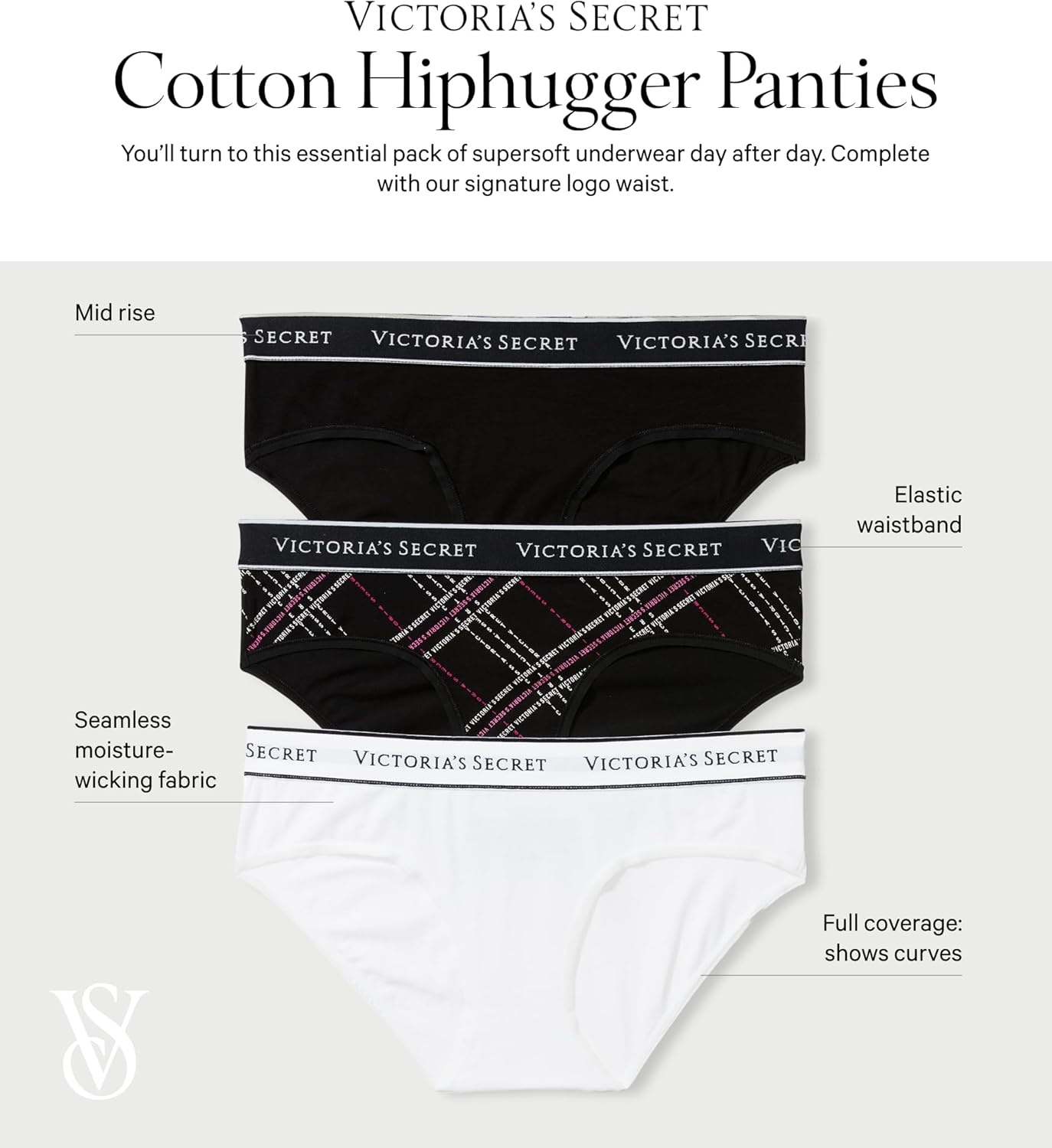 image:imageVictorias Secret Womens Cotton Logo Hipster Underwear Moderate Coverage Panties for Women Multi Pack XSXXLBlack