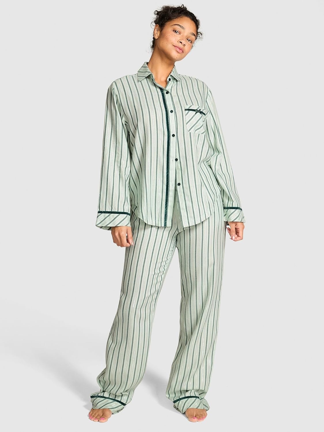 image:imageVictorias Secret Womens PINK Flannel Pajama Set Long Sleeve Button Down Shirt amp Pants Sleepwear for WomenGreen Stripe