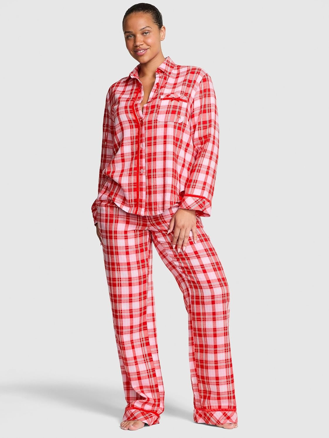 image:imageVictorias Secret Womens PINK Flannel Pajama Set Long Sleeve Button Down Shirt amp Pants Sleepwear for WomenRed Plaid