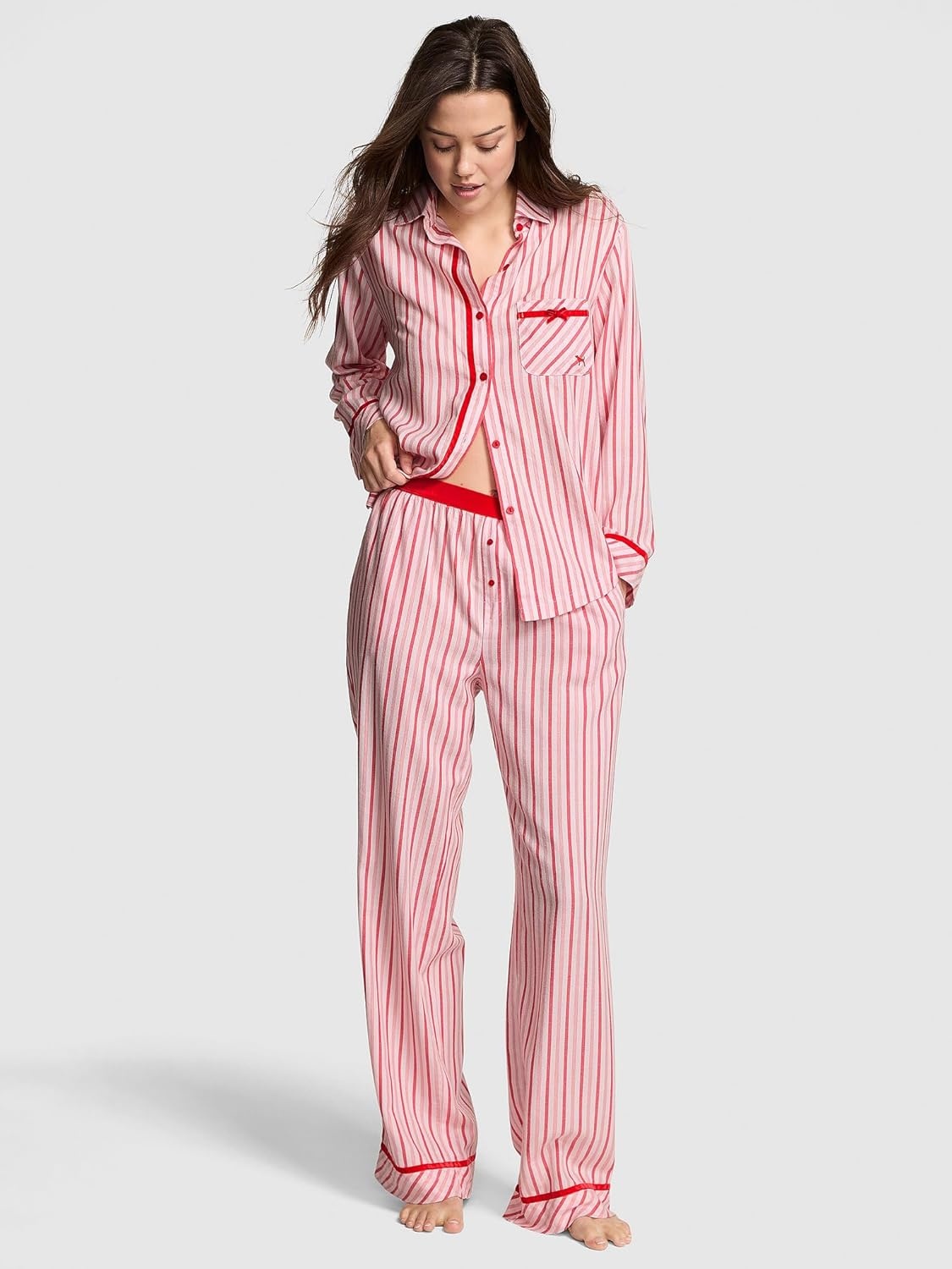 image:imageVictorias Secret Womens PINK Flannel Pajama Set Long Sleeve Button Down Shirt amp Pants Sleepwear for WomenRed Stripe