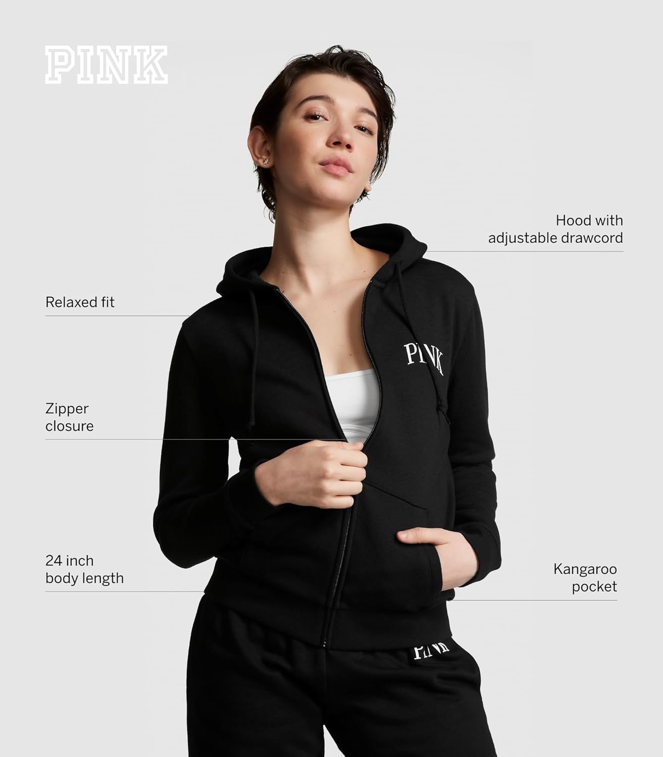 image:imageVictorias Secret Womens PINK Logo Full Zipup Sweatshirt XSXXLLogo Black