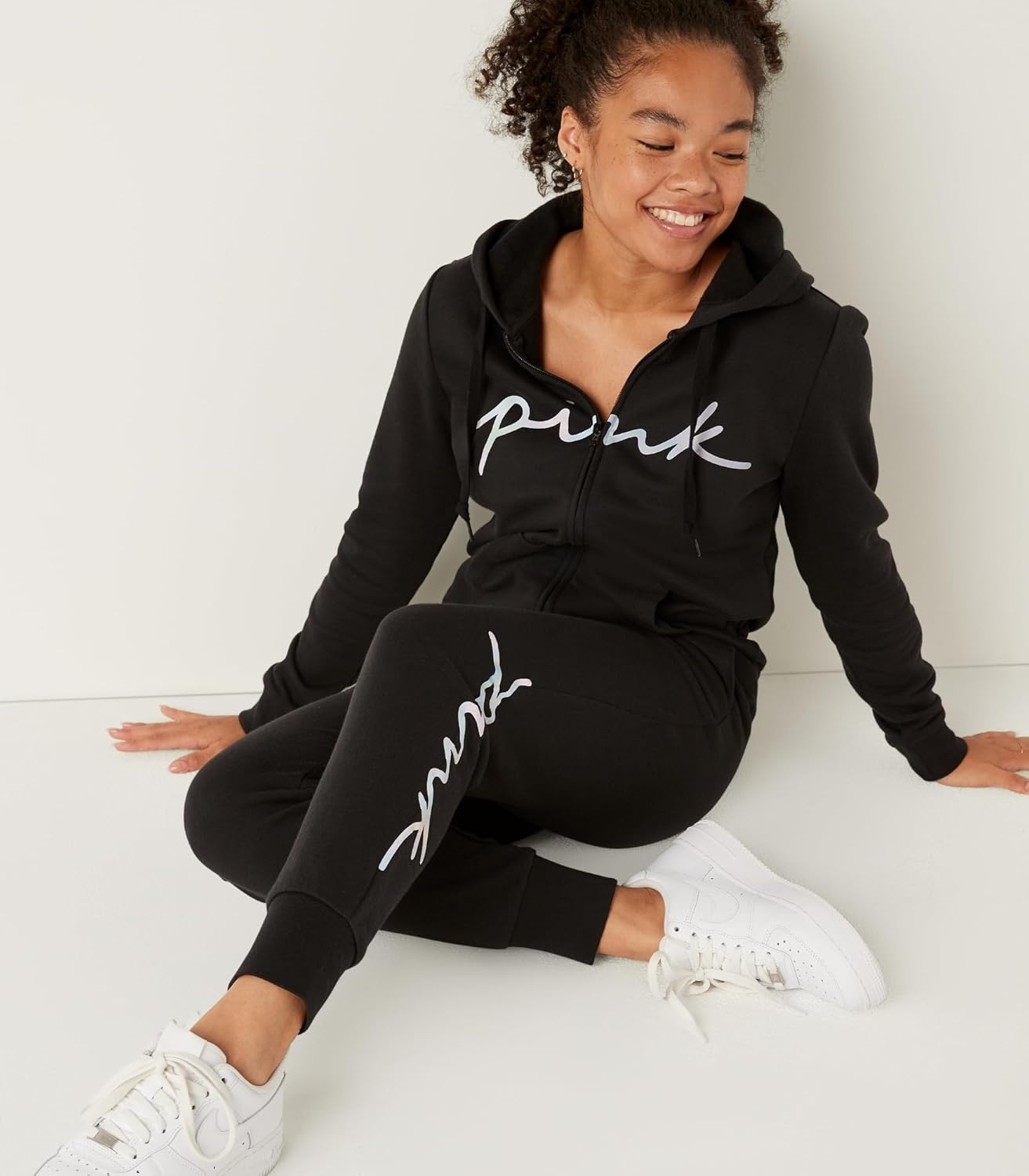 image:imageVictorias Secret Womens PINK Logo Full Zipup Sweatshirt XSXXLPure Black Blur Script Logo