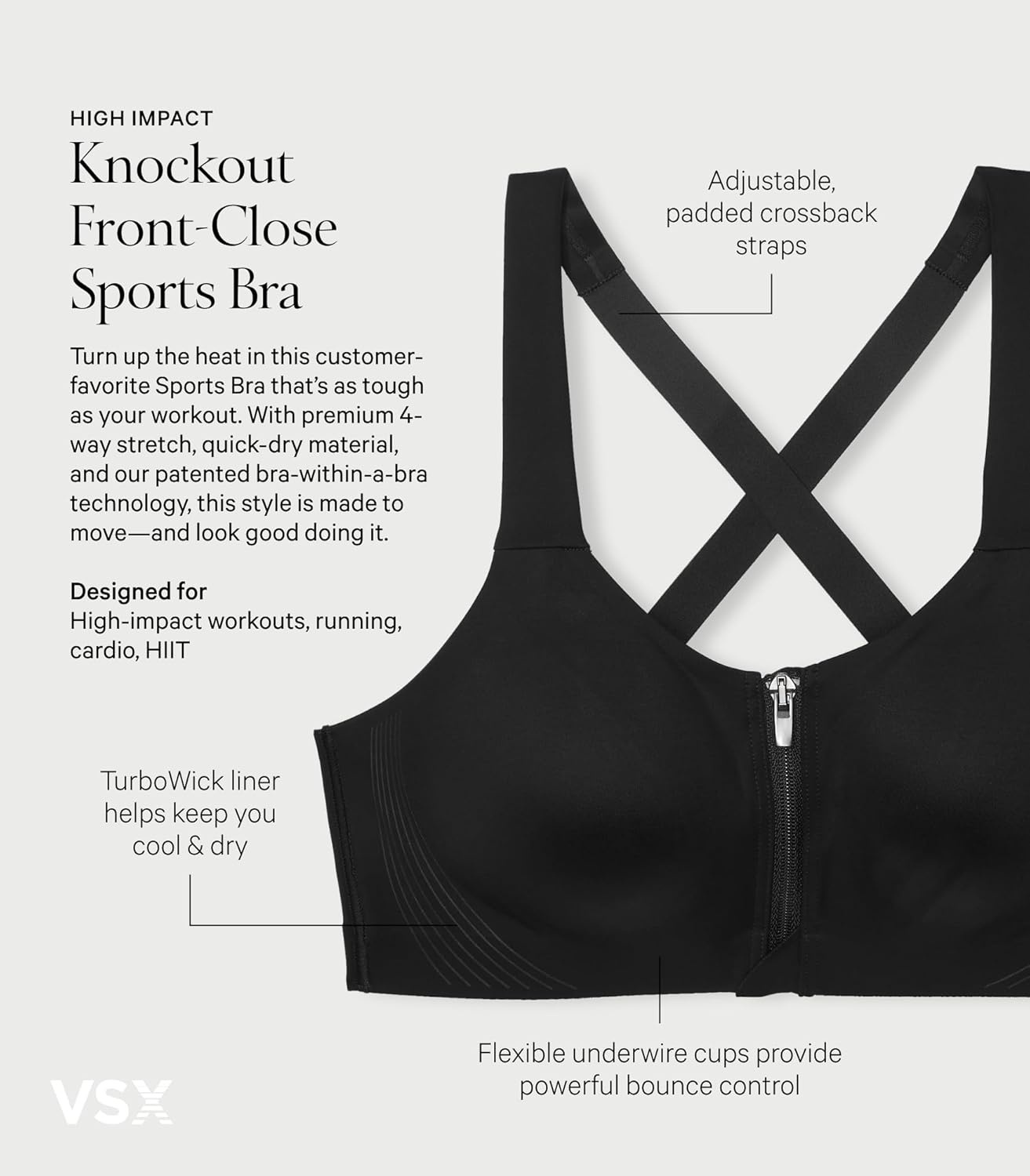 image:imageVictorias Secret Womens VSX Knockout Front Close Sports Bra High Impact Sports Bra for Women 32B38DDDBlack
