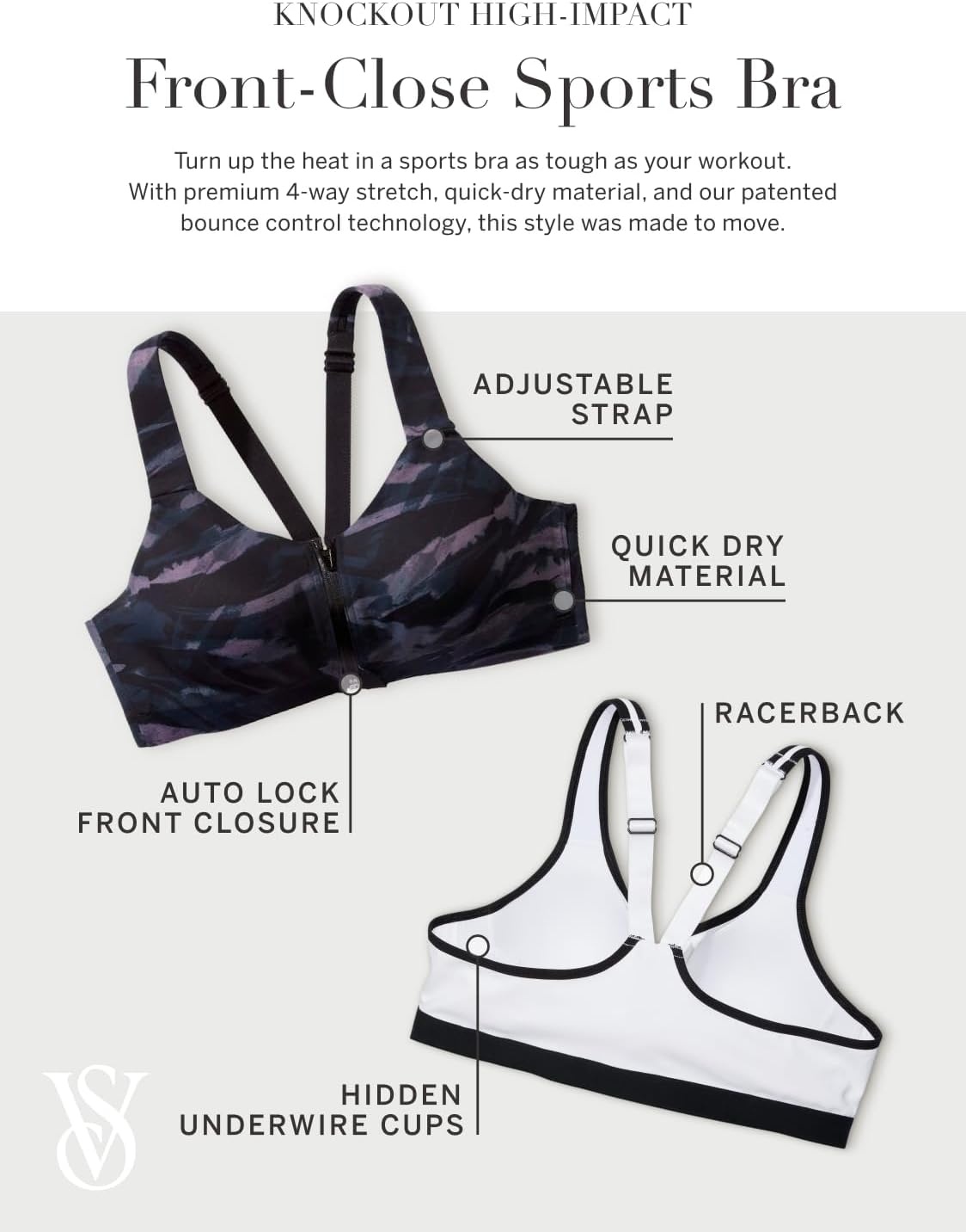image:imageVictorias Secret Womens VSX Knockout Front Close Sports Bra High Impact Underwire 32A38DD