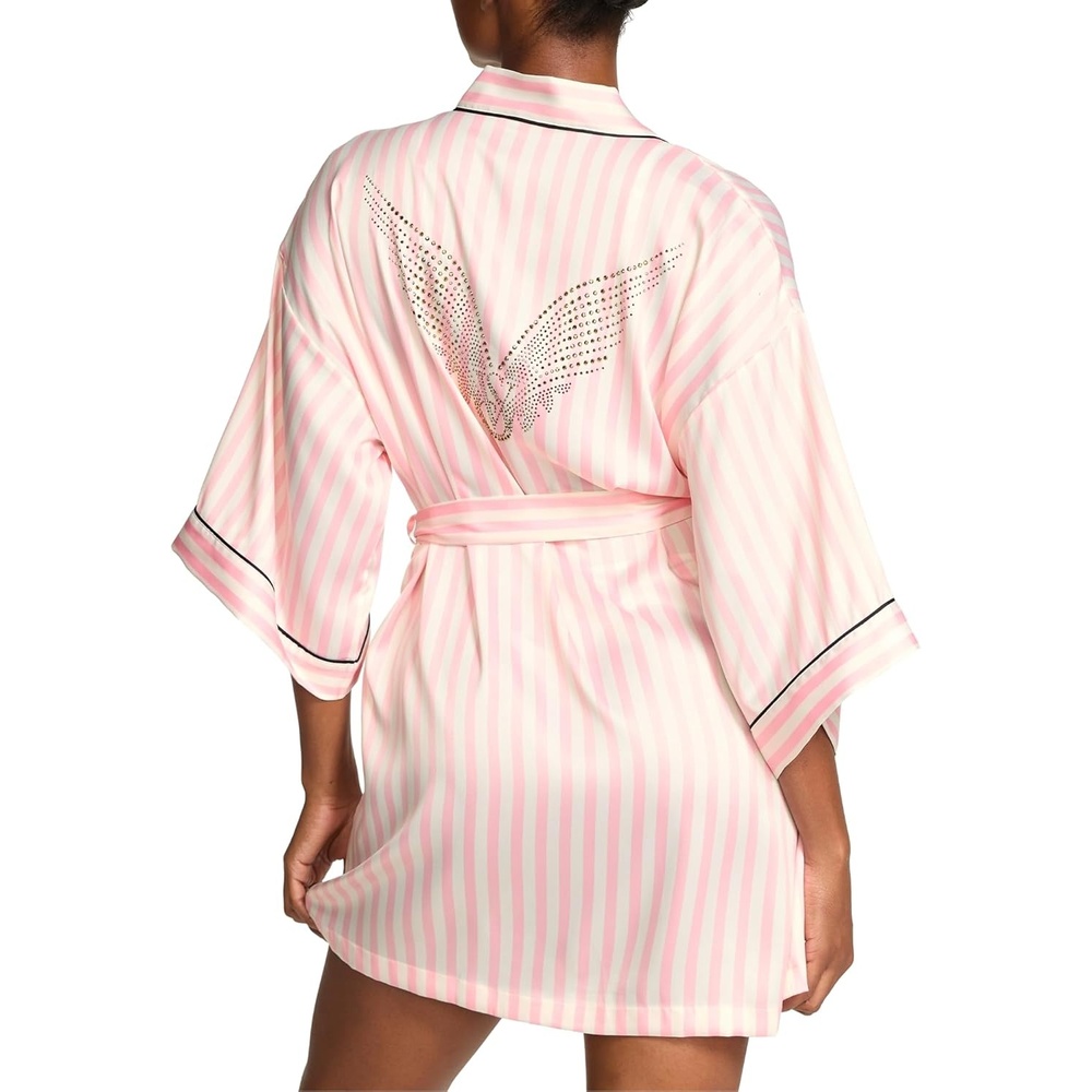 image:imageVictorias Secret Short Satin Piped Robe for Women XSXXLIconic Stripe Fashion Show