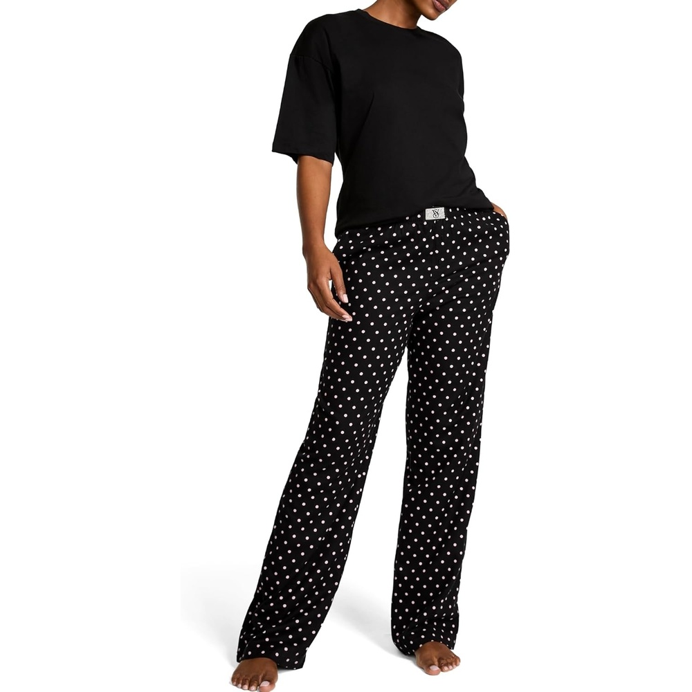 image:imageVictorias Secret Tee Pajama Set Short Sleeve Cotton T Shirt and Flannel Pants Sleepwear for Women XSXXLBlack Dot