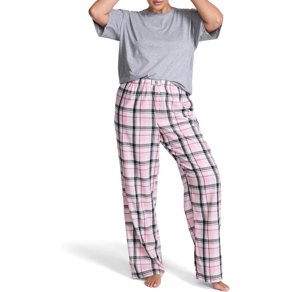 image:imageVictorias Secret Tee Pajama Set Short Sleeve Cotton T Shirt and Flannel Pants Sleepwear for Women XSXXLVs Med Htr Grey