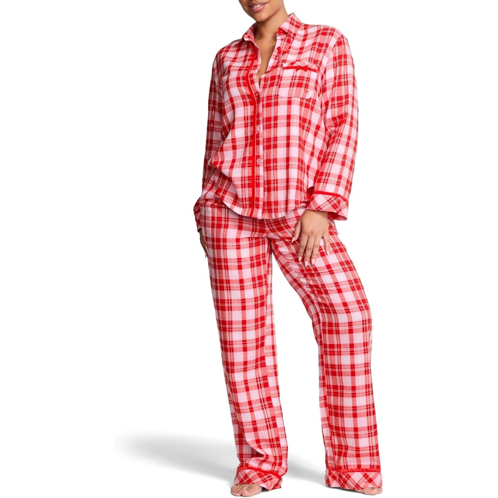image:imageVictorias Secret Womens PINK Flannel Pajama Set Long Sleeve Button Down Shirt amp Pants Sleepwear for WomenRed Plaid