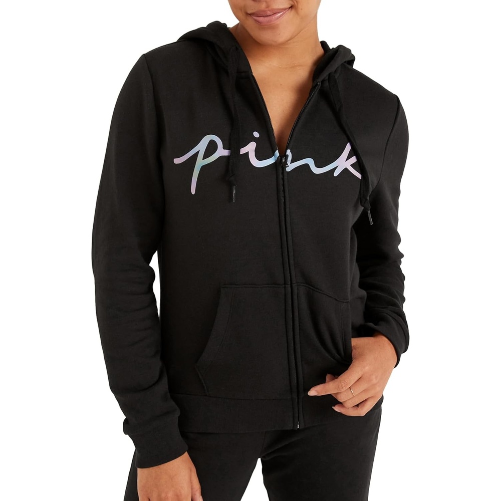 image:imageVictorias Secret Womens PINK Logo Full Zipup Sweatshirt XSXXLPure Black Blur Script Logo