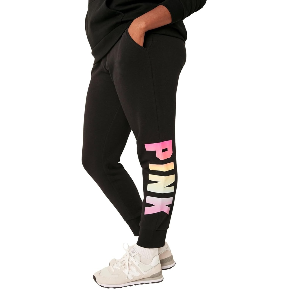 image:imageVictorias Secret Womens Pink Logo Fleece Jogger SweatpantsPure Black With Gradient Classic Logo