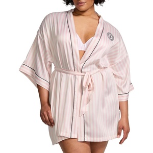 Victoria’s Secret Short Satin Piped Robe for Women (XS-XXL)(Pink Iconic Stripe)