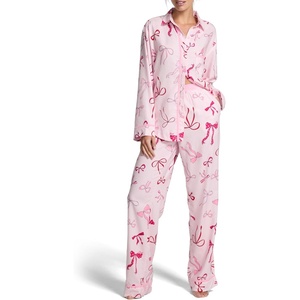Victoria’s Secret Women’s PINK Flannel Pajama Set, Long Sleeve Button Down Shirt & Pants, Sleepwear for Women(Bows)