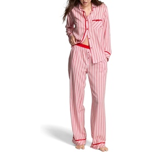 Victoria’s Secret Women’s PINK Flannel Pajama Set, Long Sleeve Button Down Shirt & Pants, Sleepwear for Women(Red Stripe)
